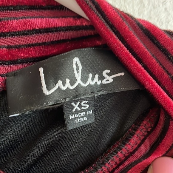 LULUS TICKET TO CHIC BURGUNDY STRIPED BELVET BALLOON SLEEVE DRESS - Picture 5 of 7